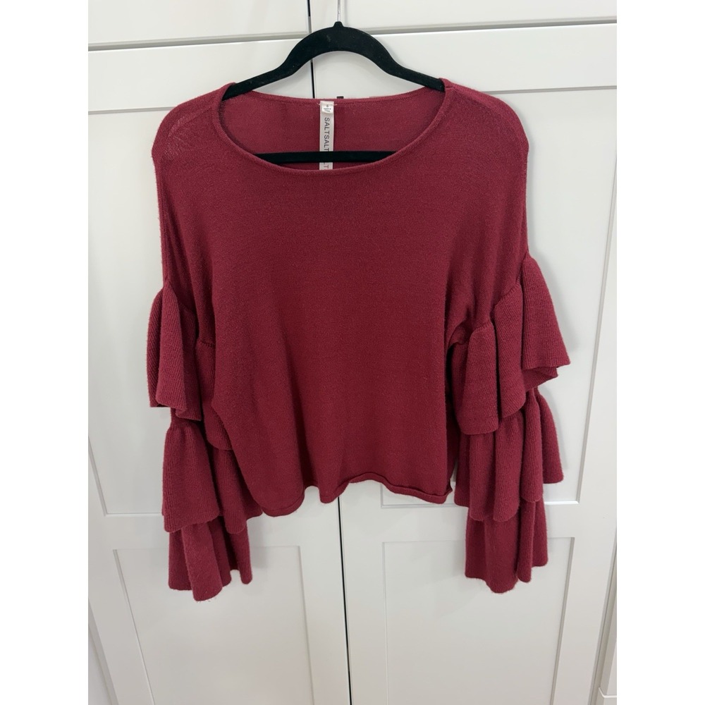 SALT Womens S Burgundy Sweater Tiered Ruffle Bell Sleeve Oversized Knit Top